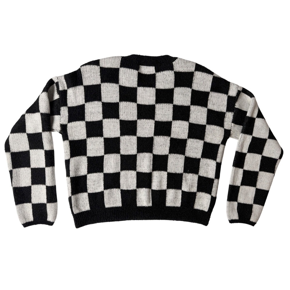 No Comment Checkerboard Sweater Womens XL Black White Excellent Fuzzy Crewneck - Picture 3 of 7